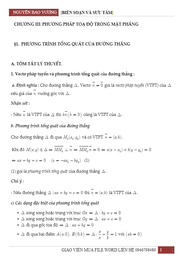 Chuyên đề phương pháp tọa độ trong mặt phẳng - Nguyễn Bảo Vương